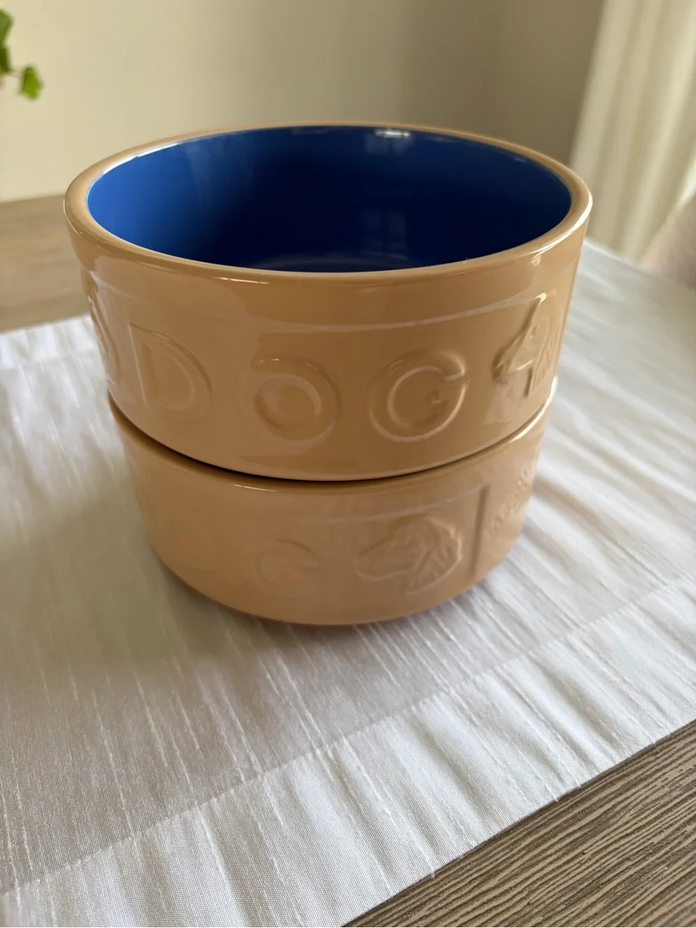 Mason Cash Cane & Blue Lettered Stoneware Dog Bowls
